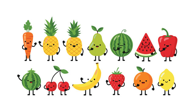 Cute fruit and vegetable character set with smiling faces including carrot pineapple pear watermelon and berries.
