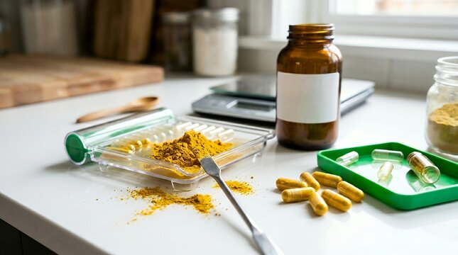 Yellow berberine powder and capsules on white table for homemade health supplements