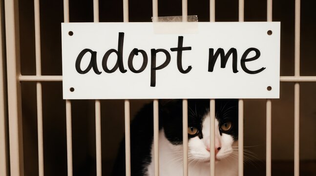 Cat in cage with adopt me sign. Pet needs loving home. Animal shelter promotes adoption. Black and white feline awaits new family. Find companion.
