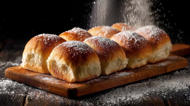 Freshly baked bread rolls dusted with powdered sugar on a wooden board in a kitchen setting during afternoon