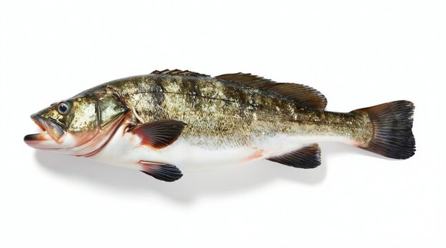 Freshwater fish bass with open mouth lies on clean white background. Healthy protein seafood caught from river for tasty meal preparation. Delicious food ingredient.