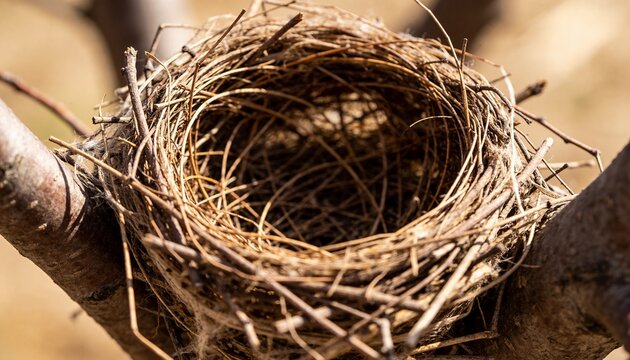 Resting empty woven bird nest sitting in fork of two rough branches, with spider silk