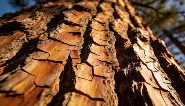 Showing large tree trunk revealing scaly bark plates at forest base, with sunlit furrows