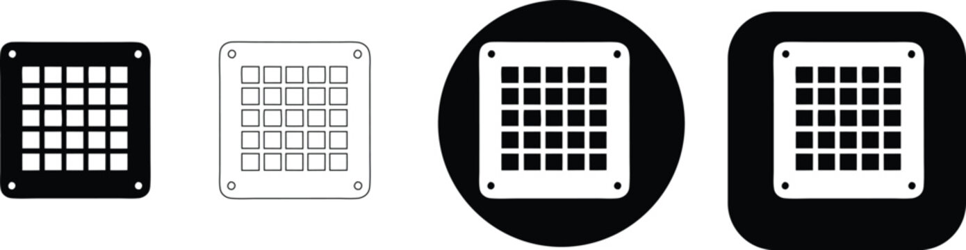 Collection of four of a grid or matrix with four rows and five columns, in solid black, outline, circle, and