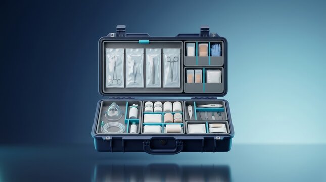 Medical trauma emergency kit 3D render, rapid response first aid system visualization, disaster response medical kit model, organized emergency care equipment case
