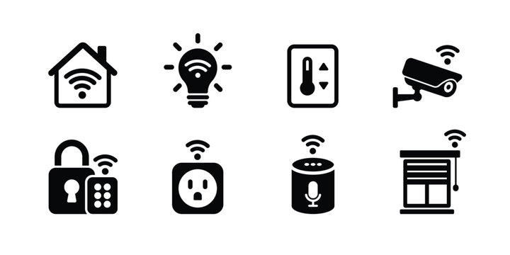 Smart Home Icons Set IoT Devices Symbols for Home Automation, Security Camera, Smart Lock, WiFi Control, Voice Assistant and Smart Systems Minimal Black Vector