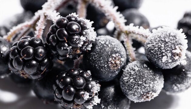 Showing frosted blackberries with small frosty round berries and woody stems on white surface