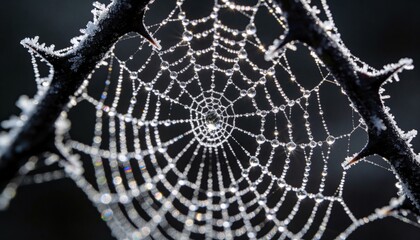 Obraz premium Glistening orb spider web holding dew and frost on thorny hedgerow branches, early morning
