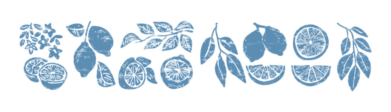 Rustic linocut lemon citrus set in blue &mdash; hand-stamped botanical illustrations with leaves, slices, and wedges in naive woodcut style for mediterranean coastal design