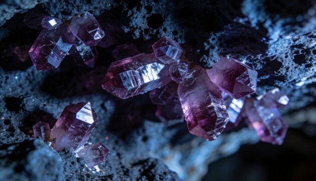 Displaying purple prismatic crystal cluster glinting inside macro vug, with porous rock matrix
