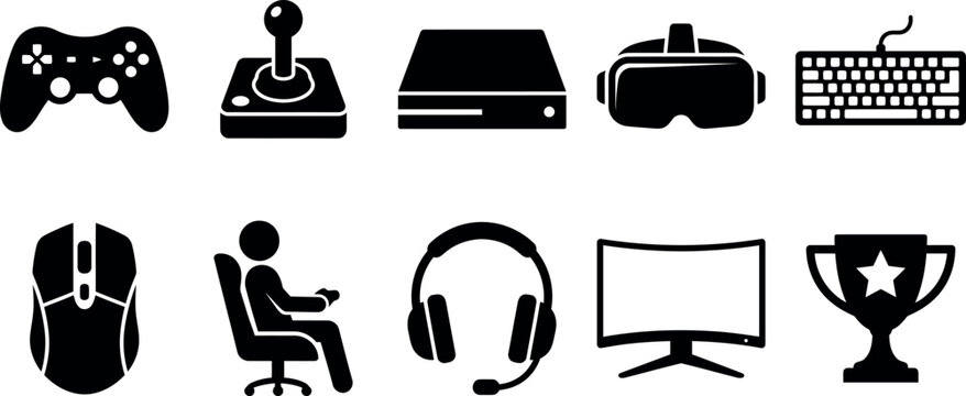 Collection of gaming and computer related icons and accessories on white background