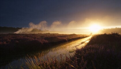 Fototapeta premium Walking lone figure wearing coat moving along shiny path on moor with purple heather, copy space