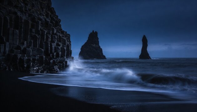 Showing columnar basalt cliff over black sand beach, foamy waves and two sea stacks, copy space