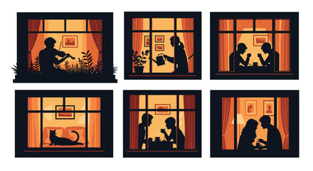 Plakat Various silhouettes of people and pets seen through illuminated apartment windows at night during their private domestic activities and routines.