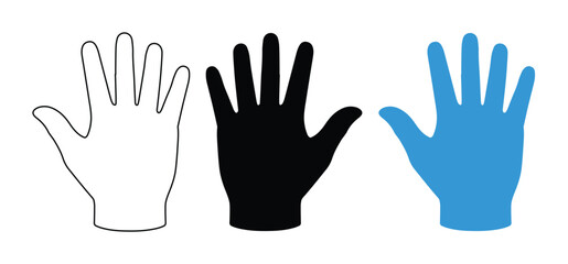 Obraz premium Human hand vector icons, three distinct hand shapes in outline, black silhouette, and blue fill. Versatile graphic elements for gestures, body parts, and interactive design.