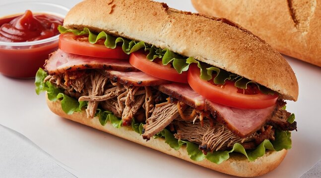 Large tripleta sandwich packed with shredded meat, ham, lettuce, and tomato on a white surface. A small bowl of ketchup sits beside the hearty sub.