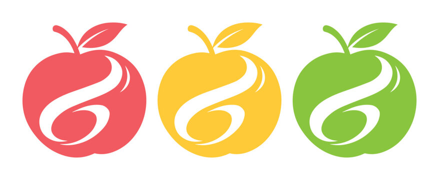 Vibrant apple logo set, three colorful fruit icons with elegant swirl design, ideal for healthy food branding, nutrition apps, or educational materials, vector graphic collection.