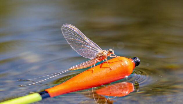 Perching mayfly-like insect gripping orange bobber with black tip, green stem on calm pond, ripples