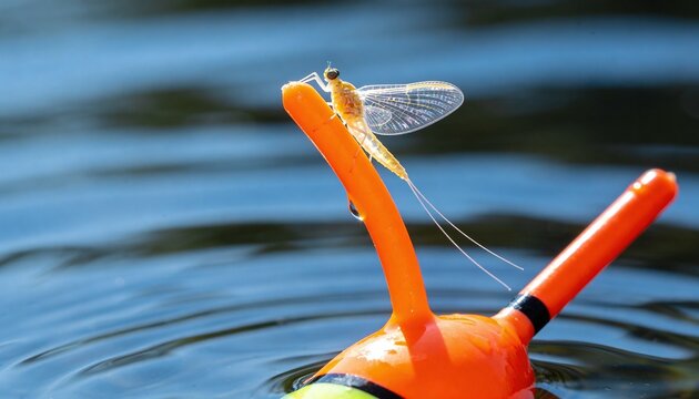 Perching mayfly-like insect clinging to orange bobber stem at pond surface, with water droplet