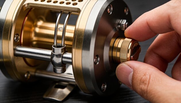 Adjusting right hand gripping knurled drag knob on fishing reel on dark table, showing brass sheen