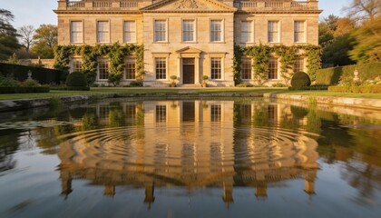 Fototapeta premium Reflecting Georgian manor house with columned portico in estate garden, with pond rippling