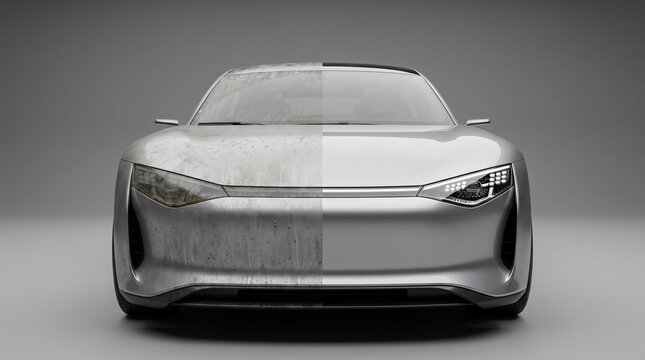 Front view of a sleek concept car, half dirty and half pristine.