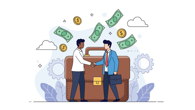 Successful business partnership concept with two men shaking hands in front of a giant suitcase and falling money.