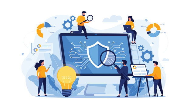 Information security team monitoring data protection and network safety on a large computer monitor with a shield icon.