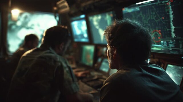 Drone operator controlling a combat drone inside a dark military control room, surrounded by glowing monitors and tactical data, representing modern warfare technology and remote battlefield operation