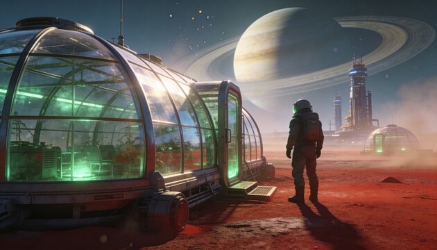 Standing suited astronaut near greenhouse ramp on red plain with glowing green lights, copy space