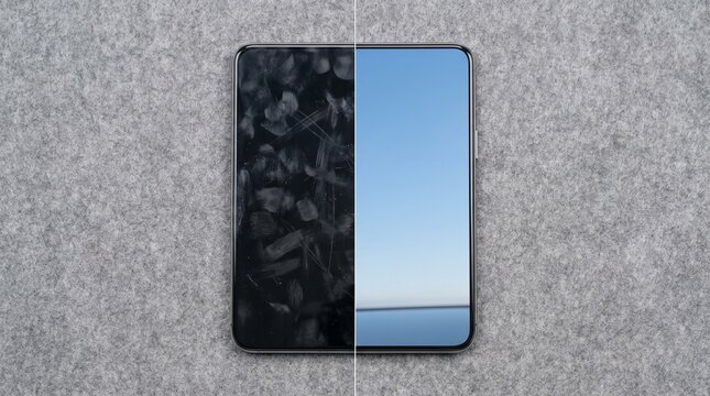 Smartphone screen clean versus dirty, split image on a grey background
