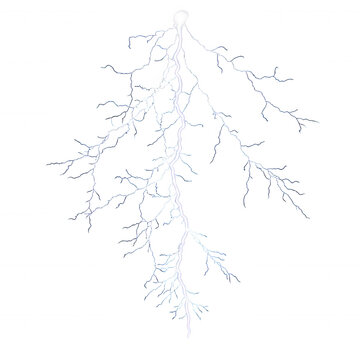 A bright white lightning bolt strike with intricate branching electrical discharge patterns isolated against a solid black background