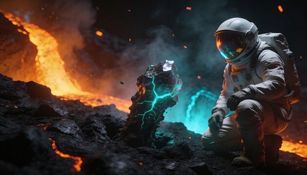 Kneeling astronaut in suit with visor pack examining cyan vein rock on crater floor, copy space