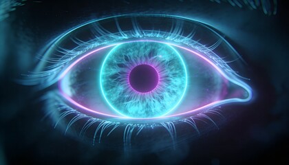 Fototapeta premium Glowing stylized eye focusing in abstract dark space, showing neon rings, pupil, eyelashes, mist
