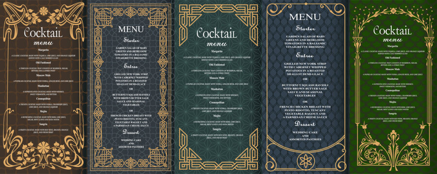 Elegant vintage menu templates set in Art Deco style with ornate gold frames and decorative patterns. Perfect for restaurants, weddings, cocktail bars, and luxury branding design projects. Vector