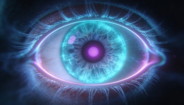 Glowing sci-fi human eye filling frame in dark void, showing cyan iris, purple pupil, neon lashes