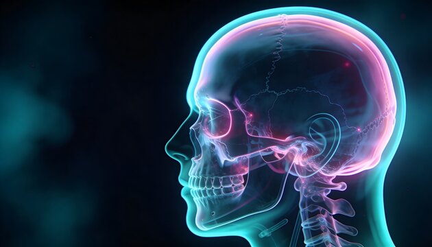 Displaying translucent 3D skull and cervical spine glowing in dark studio, showing cranium and jaw