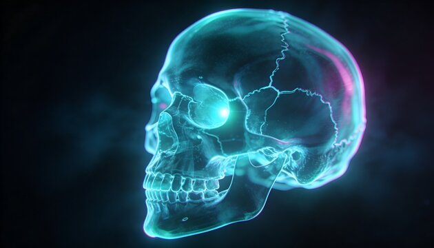 Floating translucent human skull showing glowing eye orb and cyan magenta rim lights in dark void