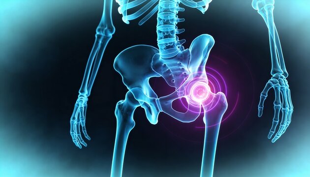 Displaying cyan lower torso x-ray on dark background, highlighting right hip pelvis lumbar femurs