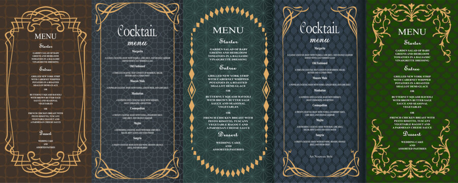 Elegant vintage menu templates set in Art Deco style with ornate gold frames and decorative patterns. Perfect for restaurants, weddings, cocktail bars, and luxury branding design projects. Vector