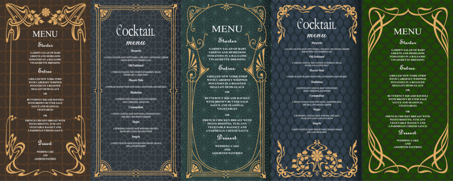 Elegant vintage menu templates set in Art Deco style with ornate gold frames and decorative patterns. Perfect for restaurants, weddings, cocktail bars, and luxury branding design projects. Vector