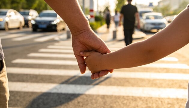 Holding hands adult and child crossing marked crosswalk, wearing neutral pants and light shirt