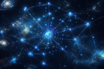 Obraz premium Futuristic Cosmic Network with Galaxies and Connected Nodes, AI Data Visualization in Deep Space Universe