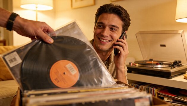Smiling man in casual shirt on phone, inspecting vinyl record from crate in living room, turntable