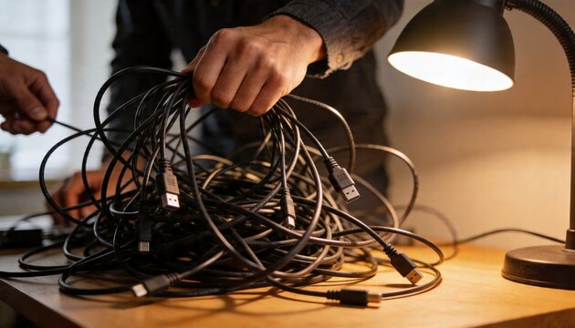 Gripping tangled black USB cables on wooden desk, dark-sleeve hands untangling under lamp light