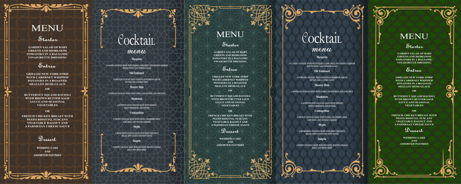 Elegant vintage menu templates set in Art Deco style with ornate gold frames and decorative patterns. Perfect for restaurants, weddings, cocktail bars, and luxury branding design projects. Vector