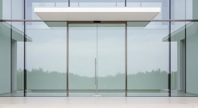 Modern glass building entrance with automatic doors reflecting trees and sky representing architecture and corporate entryways