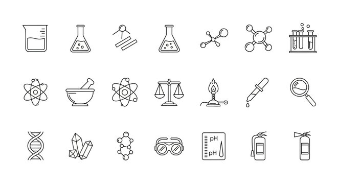 Science and Chemistry Icons: Laboratory Equipment, Molecules, DNA, Crystals