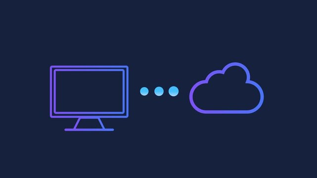 Animated motion graphics of a computer monitor connecting to a digital cloud via pulsing dots. Conceptualizing desktop cloud computing, remote data access, and online backup on dark blue.