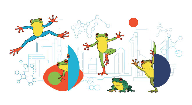 Colorful tree frogs in various poses integrated with chemical molecule symbols and city skyline outline for biological research.